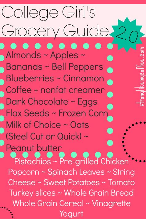 College Girls Grocery Guide 2.0 (stronglikemycoffee.com) you'll be thankful you pinned this 2 weeks in to campus dining! College Girl Grocery List, Fit Girls Guide Recipes, Budget Grocery, College Food Hacks, College Grocery, Dorm Food, Healthy College, College Meals, Cinnamon Coffee