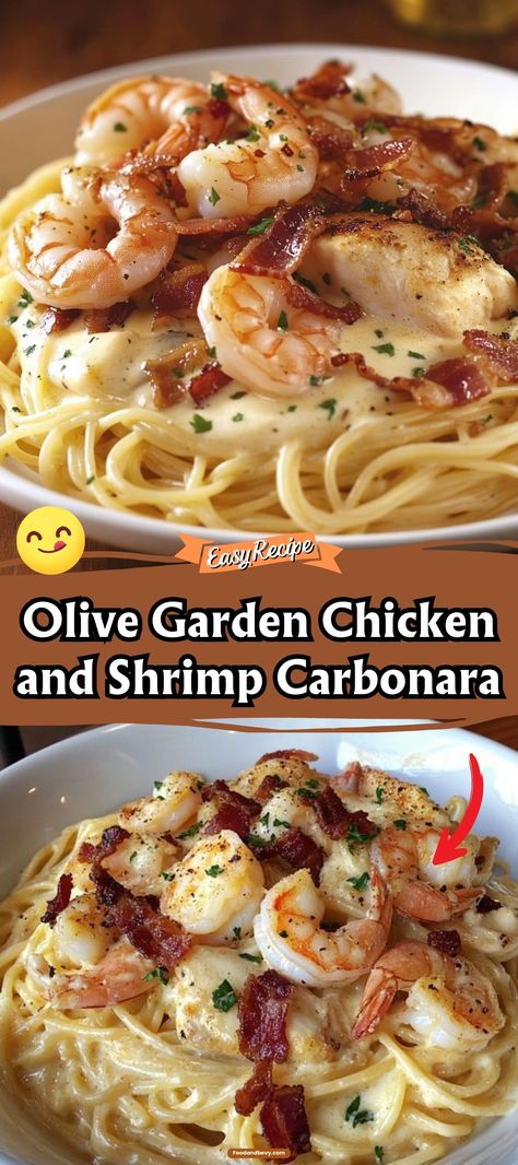 Copycat Olive Garden Chicken And Shrimp Carbonara, Shrimp Bacon Alfredo Pasta, Olive Garden Chicken And Shrimp Carbonara Copycat Recipe!, Chicken Carbonara With Peas, Olive Garden Carbonara Sauce, Chicken And Shrimp Recipes Pasta, Olive Garden Chicken & Shrimp Carbonara, Crab Carbonara Pasta, Chicken Carbonara Recipe Olive Garden