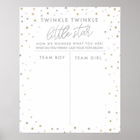 Gender Reveal Guessing Game Twinkle Little Star Poster | Zazzle New Years Gender Reveal Party, Twinkle Twinkle Little Star Gender Party, Gender Reveal Printables, Gender Reveal Signs, Usa Holiday, Star Poster, Adoption Announcement, Shopping Luxury, Gender Party