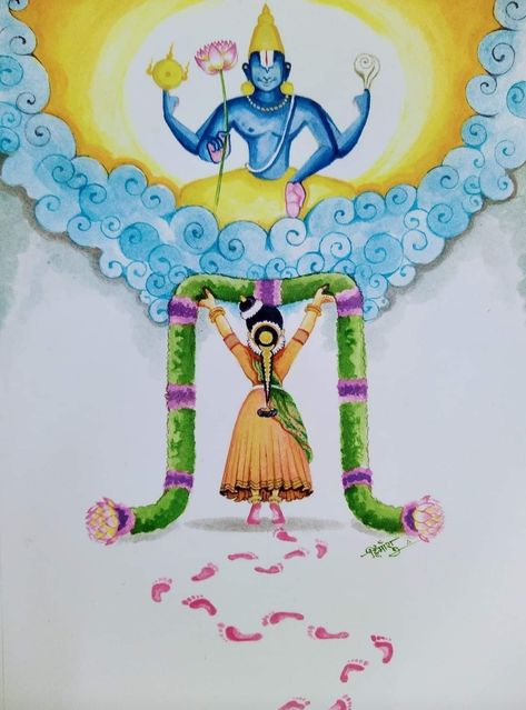 Tiruppavai Images, Lord Vishnu Painting, Andal Goddess, Godha Devi, Color Drawing Art, Indian Art Gallery, Lord Ganesha Paintings, Beautiful Art Paintings, Vedic Art