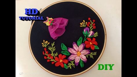 Hello, In this time I shared tutorial how to make Ribbon Embroidery Flower. I Made Beautiful and unique Flower design. I hope you like it. Tutorial Sulaman Pita, Sulam Pita, Pita Satin, Sulaman Pita, Ribbon Embroidery Tutorial, Embroidery Tutorial, Ribbon Flower, Embroidery Flowers Pattern, Unique Flower