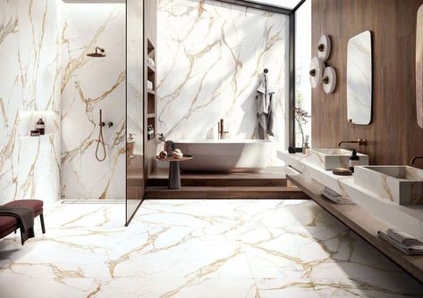 Scopri le ultime tendenze in pavimenti e rivestimenti in gres effetto marmo e pietra da Cersaie 2023. Riproduzione fedele e dettagliata. Calacatta Gold Bathroom, Bathroom Wall Tiles Design, Tiles For Bathroom Walls, Floor Tiles Design, Tiles For Bathroom, Wall Tiles Design, Luxury Tile, Calacatta Gold, Bathroom Tile Designs