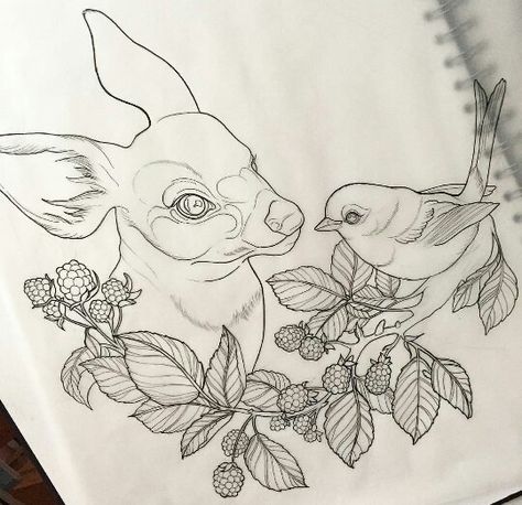 Deer And Bird Tattoo, Black Berries Tattoo, Bird And Berries Tattoo, Deer Tattoo Designs Sketches, Deer And Flowers Tattoo, Deer With Flowers Tattoo, Berries Tattoo, Neo Traditional Deer Tattoo, Deer Drawings