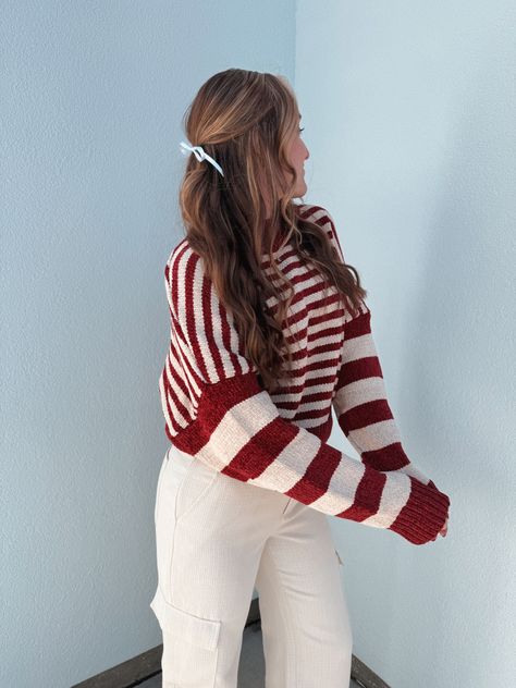 Christmas Outfit Pants, Red And White Christmas Outfit, Peppermint Aesthetic, White Christmas Outfit, Aesthetic Candy, Red Sweater Outfit, Fuzzy Sweater Outfit, Slacks Outfit, Striped Sweater Outfit