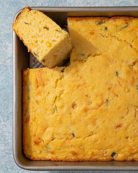 Mexican Cornbread Recipe (Easy, Cheesy & Festive) | Kitchn Cornbread Recipe Easy, Bbq Grape Jelly Meatballs, Classic Cornbread, Mexican Cornbread Recipe, Easy Cornbread Recipe, Leftover Cornbread, Breads Recipes, Mexican Cornbread, Latin American Recipes