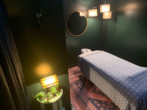 Dark Green Spa Room, Dark Green Esthetician Room, Green Spa Room, Moody Massage Room, Dark Massage Room, Green Massage Room, Dark Esthetician Room, Sherwin Williams Jasper, Massage Room Design