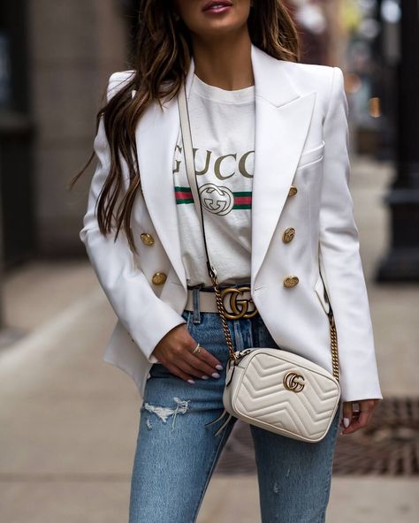 White Wool Balmain Blazer (black on sale here & viscose version on sale here, wearing an FR34 – better for budget here) White Gucci Belt (wearing a 75 – read my ‘Gucci Belt Sizing Guide’ HERE) Gucci Logo Tee (wearing an XXS) Levi’s White Denim (wearing a 24 – size up) Gucci Marmont White Bag … Blazers Outfits, Spring Wishlist, Military Jacket Women, Edgy Outfit, Jean Outfit, Balmain Blazer, Spring Blazer, Mia Mia, Womens Jackets Casual