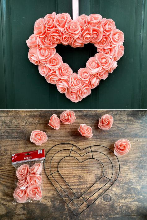 DIY Dollar Store Valentine’s Day Heart Wreath Decoration. There are so many great Valentine crafts at the Dollar Tree right now! During our last trip, we picked up a few supplies to make this super quick and easy foam rose heart wreath.  We made this wreath for only $7 in materials! Valentijnsdag Diy, Selamat Hari Valentine, Couronne Diy, Saint Valentin Diy, Valentine Wreath Diy, Valentines Bricolage, Hadiah Valentine, Kerajinan Diy, Budget Friendly Diy