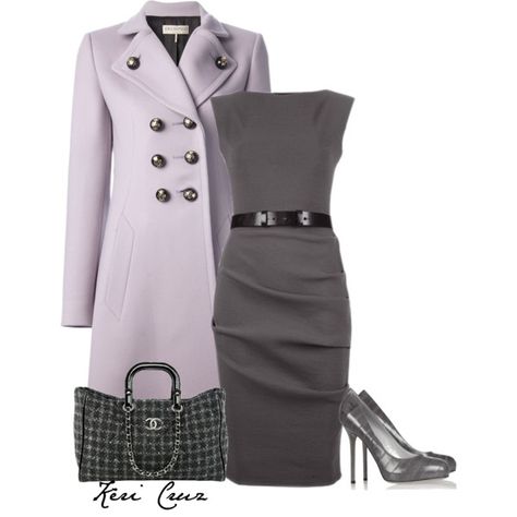 A fashion look from January 2014 featuring Casadei dresses, Emilio Pucci coats and Sergio Rossi pumps. Browse and shop related looks. Purple Coat, Classy Work Outfits, Professional Attire, Grey Dress, Professional Dresses, Work Wardrobe, Professional Outfits, Work Attire, Office Fashion