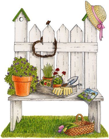 Gardening Garden Clipart, Garden Drawing, Country Paintings, 수채화 그림, Vintage Diy, Country Art, Garden Bench, Decoupage Paper, Digital Stamps