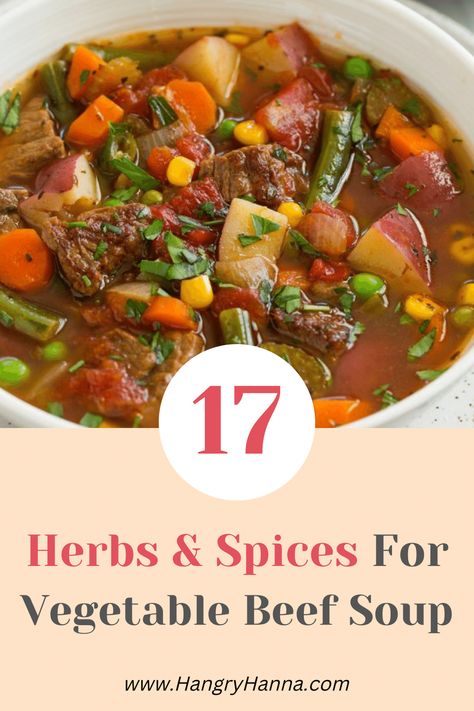 17 Best Herbs and Spices for Vegetable Beef Soup – Hangry Hanna Spices For Vegetable Soup, Veg Beef Soup Recipes, Vegatable Beef Soup, Vegetable Beef Soup Recipes, Vegetable Soup Seasoning, Veg Beef Soup, Herb Tips, Beef Vegetable Soup Recipe, Beef Veggie Soup