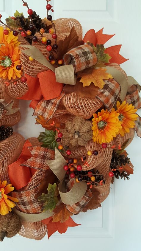 A deco mesh wreath for fall. The color orange and fall go hand-in-hand. by marlas Autumn Deco Mesh Wreaths, Thanks Giving Wreath, Fall Wreath Deco Mesh, Fall Wreath Ribbon, Orange Deco Mesh Wreath, Fall Wreaths Ribbon, Fall Wreath Ideas Diy Mesh, Deco Mesh Fall Wreaths, Fall Mesh Wreath