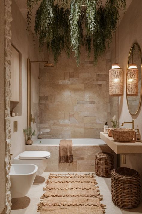 Transform your bathroom into an inviting retreat with natural stone walls, lush greenery, and handcrafted details. Complete the look with earthy tones and cozy, woven décor. #NaturalBathroom #EarthyBathroomDesign #BathroomInspiration #CozyBathroomDecor #WovenAccents #GreenBathroomIdeas #RusticStyle #WarmBathroomDesign #StoneWalls #BathroomRetreat Soothing Master Bath, Onsen Style Bathroom, Boho Spa Bathroom Ideas, Cosy Bathroom Aesthetic, Cozy Home Bathroom, Luxury Boho Bathroom, Bathroom Boho Chic, Earthy Half Bath, Nature Inspired Bathrooms