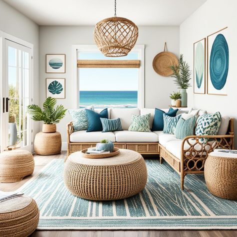 coastal boho living room Modern Coastal Boho Living Room, Coastal Open Concept Kitchen Living Room, Beach Couch Coastal Style, Coastal Interiors Design Living Room, Boho Costal House, Surf Decor Living Room, Coastal Theme Living Room, Seaside Living Room, Coastal Farmhouse Living Room Ideas