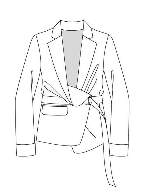 self tie wrap jacket Blazer Flat Drawing, Blazer Flat Sketch, Rebellious Women, Vest Technical Drawing, Blazer Technical Drawing Woman, Wrap Dress Technical Drawing, Clothes Illustration, Fashion Illustration Poses, Flat Drawings