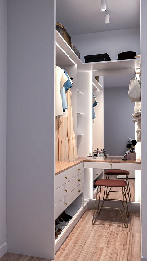 Closet pequeno branco com espelho com LED, claro e iluminado Aesthetic Walk In Closet, Room Design Aesthetic, Narrow Closet Design, Aesthetic Walk, Luxury Dressing Room, Small Dressing Rooms, Room Design Modern, Closet Design Layout, Bedroom Interior Design Luxury