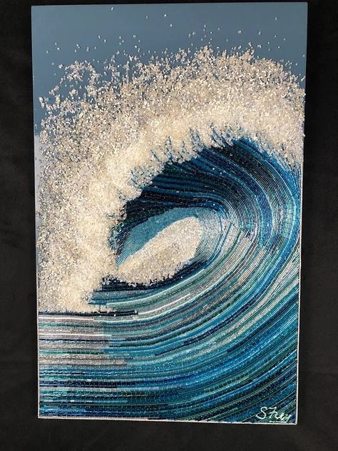 Canvas Bead Art, Bead Art On Canvas, Wave Mosaic, Wave Embroidery, Art Coquillage, Coastal Elegance, Mosaic Artwork, Rhinestone Art, A Level Art