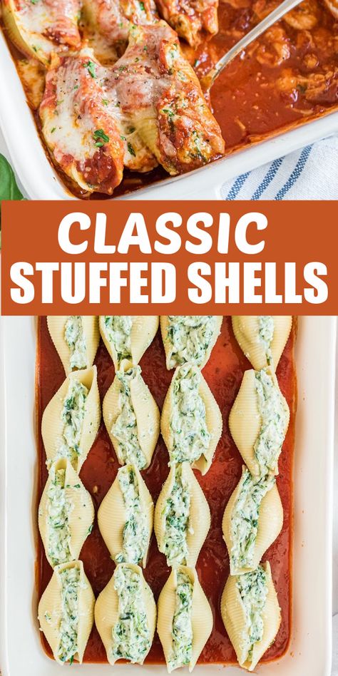 Stuffed shells are a delicious dinner any night of the week. The jumbo pasta shells are packed with creamy ricotta cheese and spinach filling, topped with a tomato sauce and melted mozzarella cheese. #pasta #italian #dinner #comfortfood Jumbo Shell Recipes, Easy Stuffed Shells, Amazing Easy Recipes, Alfredo Stuffed Shells, Spinach Filling, Cream Cheese Spinach, Spinach Stuffed Shells, Alfredo Sauce Recipe Homemade, Stuffed Shells Ricotta