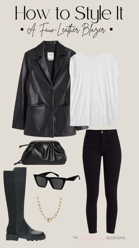 Vegan Leather Blazer Outfit, Leather Black Blazer Outfit, Womens Leather Blazer Outfit, Black Leather Blazer Outfits For Women, Outfits With Leather Blazer, Style Leather Blazer, Black Faux Leather Blazer Outfit, Leather Blazer Outfits Women, Leather Suit Jacket Outfit