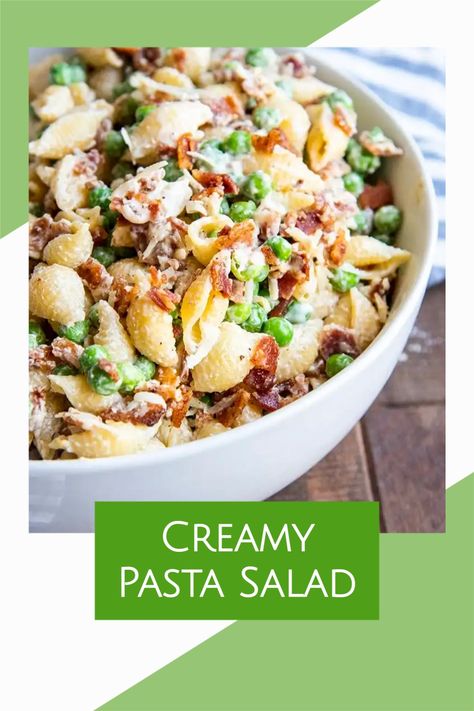 This creamy pasta salad is loaded with peas, crispy bacon, and noodles, all covered in a smooth and creamy dressing. It’s a perfect side dish for any dinner, potluck, or barbecue. Pasta Salad With Peas, Peas And Bacon, Pasta And Peas, Salad With Peas, Bacon Pasta Salad, Creamy Pasta Salad, Creamy Peas, Creamy Pasta Salads, Bacon Pasta