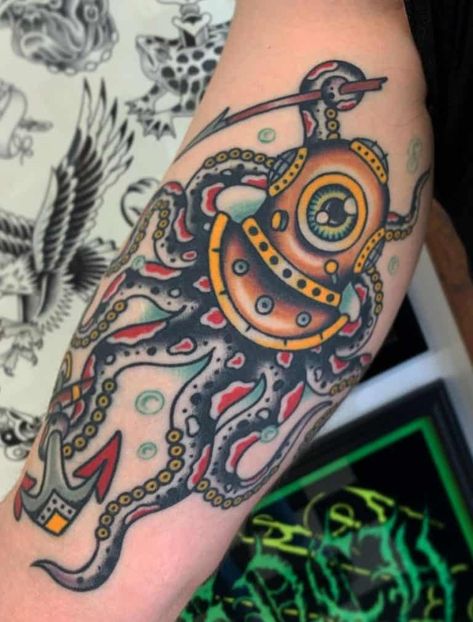 American Traditional Octopus Tattoos Explained Underwater Traditional Tattoo, Squid Traditional Tattoo, Kraken Traditional Tattoo, American Traditional Squid Tattoo, Mens American Traditional Tattoos, American Traditional Nautical Tattoo, American Traditional Octopus Tattoo, American Traditional Octopus, Nautical Traditional Tattoo