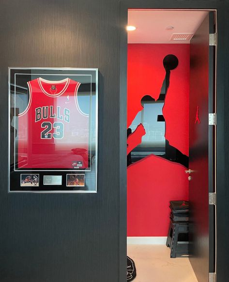 A framed signed Jordan jersey outside the Jordan room #AirJordan #Jordans #jordan1addict #AJ1 #sneakerhead Camera Decor, Ball Room, Jordan Jersey, Teen Bedroom, Boy's Room, Bed Design, Sneaker Head, Air Jordan, Room Ideas