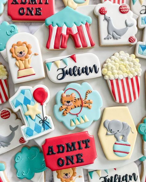 All Posts • Instagram Happy Birthday Julian, Circus Cookies, Carnival Cakes, Circus Animal Cookie, Sugar Cookie Cakes, Cookies Theme, Butter Bar, Circus Birthday Party, Circus Animals