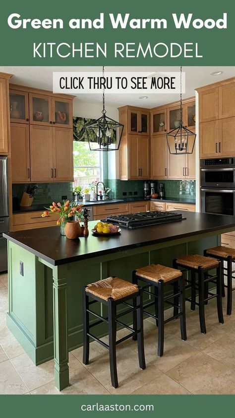 This Kitchen Proves Warm Wood Cabinets Can Be In Style Now! — DESIGNED Antique Kitchen Island, Two Toned Kitchen Cabinets, Before And After Kitchen Remodel, Green Kitchen Island, Stained Kitchen Cabinets, Two Tone Kitchen Cabinets, Before And After Kitchen, Green Island, Two Tone Kitchen