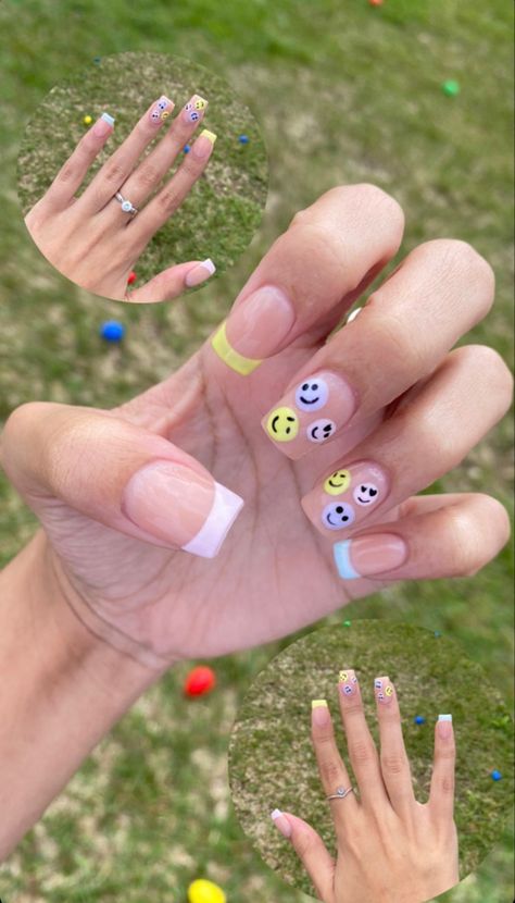 smiley face nails | spring nails | pastel french tips | summer nails Nails Pastel French Tips, French Tips Summer, Spring Nails Pastel, Pastel French Tips, Smiley Face Nails, Face Nails, Nails Pastel, Yellow Smiley Face, Cute Simple Nails