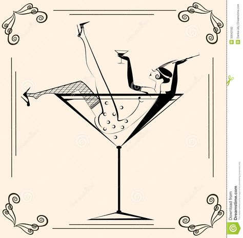 Retro Champagne Glasses, Woman In Cocktail Glass Illustration, Speakeasy Painting, Woman In Martini Glass Drawing, Girl In Martini Glass Art, Gatsby Silhouette, Vintage Cocktail Illustration, Vintage Woman Illustration, Art Deco Champagne