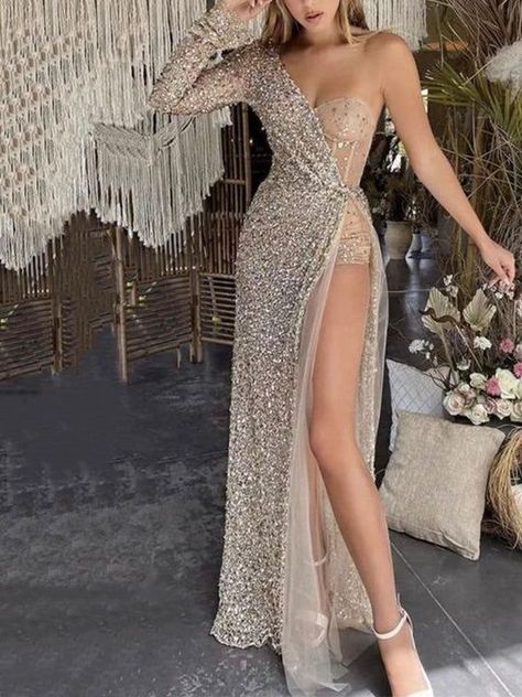 Gold Evening Dresses, Custom Prom Dress, Sequin Sleeve, Studio 54, فستان سهرة, Split Dress, Ținută Casual, Evening Gowns Formal, Gold Sequin