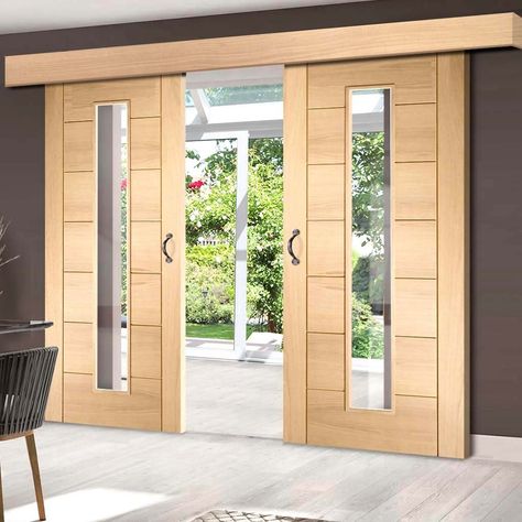 Thruslide Surface Palermo Oak 1L - Sliding Double Door and Track Kit - Clear Glass - Lifestyle Image  #glazed #slidingdoors #modern Wardrobe Sliding Doors, Sliding Doors Internal, Internal Folding Doors, Sliding Door Window Treatments, Door Window Treatments, Internal Sliding Doors, Barn Style Sliding Doors, Sliding Door Design, Barn Style Doors