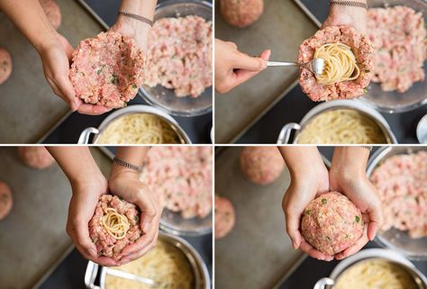 Spaghetti-stuffed meatballs are like Inception for your mouth Spaghetti Stuffed Meatballs, Spaghetti Stuffed Meatball Recipe, Giant Meatballs, Meatballs With Marinara Sauce, Pasta Beef, Hamburger Meals, Stuffed Meatballs, Meatball Recipes Easy, Meatball Recipe