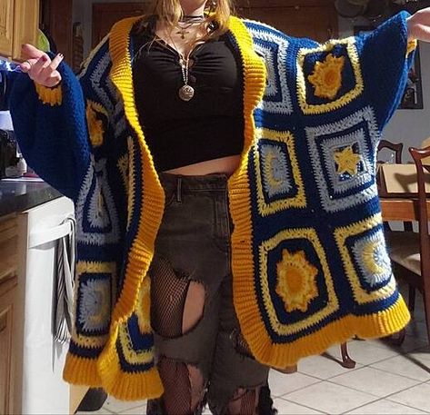 Sun, Moon, Stars Cardigan: FINISHED - Crochet 🧶 - Ribblr community Crochet Celestial, Celestial Crochet, Celestial Aesthetic, Patchwork Vest, Grey Beards, Crochet Stars, Red Heart Yarn, Granny Squares Pattern, Sun Moon Stars