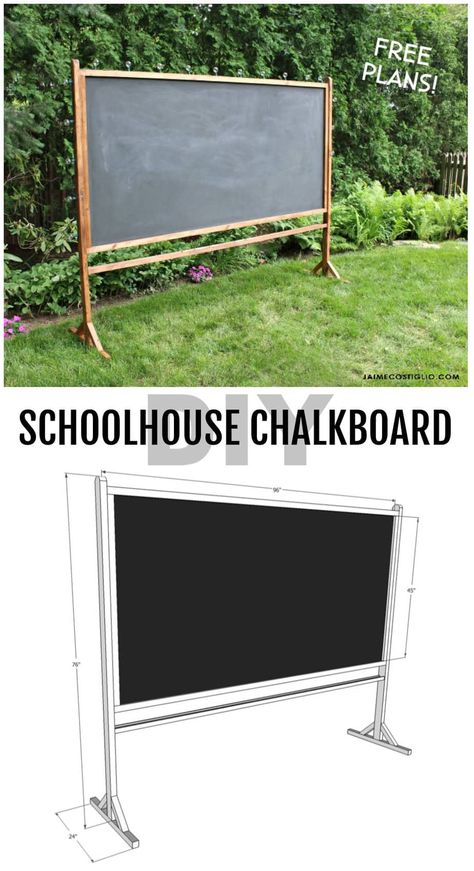 A DIY tutorial to build a schoolhouse chalkboard.  Make a self standing schoolhouse style chalkboard using my free plans.  Great for play and party decor. #chaklboard #partydecor #playroom #freeplans Schoolhouse Chalkboard, Outdoor Chalkboard, Schoolhouse Style, Silver Home Accessories, Chalkboard Stand, Diy School, Diy Home Accessories, Diy Chalkboard, Framed Chalkboard