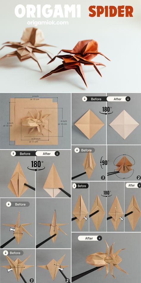 Are you afraid of spiders, creatures with many legs? Try to make one out of paper, it would be cool and great for decorating your house for Halloween, maybe your friends will get a big scare when they see it without realizing it! That would be so much fun! Kid Paper Crafts, Simple Origami For Kids, Origami Bats, Origami Hard, Origami Halloween Decorations, Origami Spider, Origami House, Paper Spider, Origami Halloween