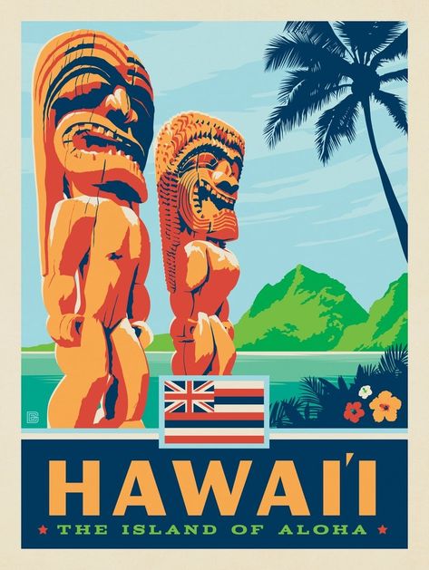 Anderson Design Group Grid Poster, Retro Stickers, Tiki Statues, State Posters, Anderson Design Group, Hawaii Aloha, Retro Artwork, Retro Kunst, Vintage Poster Design