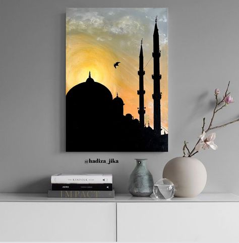 Acrylic Painting Calligraphy, Islamic Art On Canvas, Islamic Sketches Art, Painting Ideas On Canvas Islamic, Ramadan Acrylic Painting, Calligraphy Islamic Art Paintings, Islamic Art Canvas Paintings, Islam Art Painting, Islamic Painting Ideas On Canvas