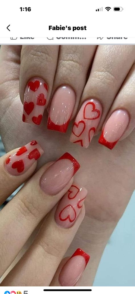 Nails With Red Heart, French Tip Fake Nails, Nails With Red, Nails Medium Length, Unghie Nail Art, Nails Yellow, Valentine Nail Art, Press On Nails Medium, Hello Nails