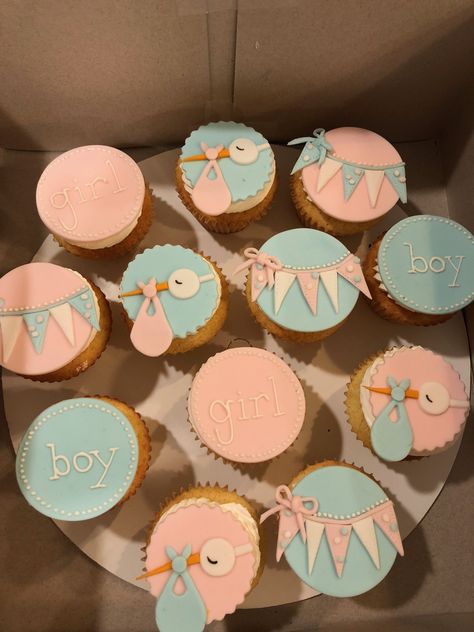 Gender Reveal Dessert, Fondant Cupcake Topper, Cupcakes Fondant, Gender Reveal Cupcakes, Cupcakes For Boys, Blue Cupcakes, Fondant Cupcake Toppers, Girl Cupcakes, Gender Reveal Cake