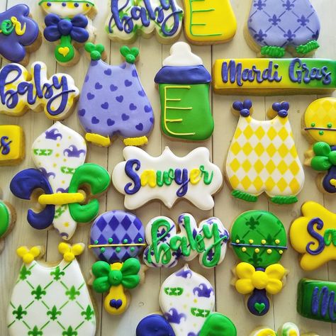 Mardi Gras Gender Reveal, Mardi Grad, Mental Note, Cakes And Cookies, Reveal Ideas, Cookie Art, Baby Shower Gender Reveal, Royal Icing Cookies, Custom Cookies