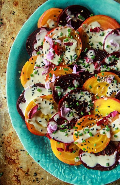 Beet Salad with Tahini Lemon Sauce - Vegan #beet #salad Holiday Salad, Salad Quinoa, Roasted Beet Salad, Beet Recipes, Lemon Sauce, Beet Salad, Roasted Beets, Vegetarian Dishes, Tahini