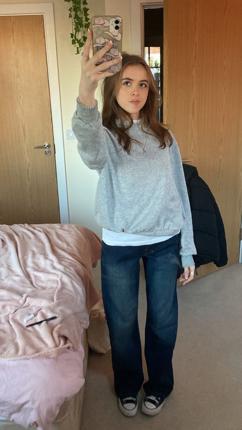 Gray Sweatshirt And Jeans Outfit, Light Grey Jumper Outfit, Grey Crewneck Outfit Women, Blue Jeans Sweater Outfit, Dark Gray Sweatshirt Outfit, Jeans And Converse Outfit Fall, Light Grey Sweatshirt Outfit, Jeans And A Sweatshirt Outfit, How To Style Grey Sweatshirt