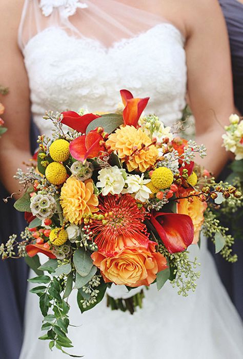 10 Stunning Bouquets for your Fall Wedding | FiftyFlowers Fall Flower Wedding Bouquets, Yellow Wedding Bouquet, Bridal Wedding Flowers, Bouquet Roses, Yellow Wedding Flowers, Wedding Flower Girl Basket, Red Bouquet Wedding, Red Wedding Flowers, Red Bouquet