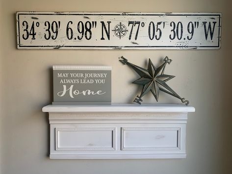 Smart Buys! LATITUDE LONGITUDE Sign, Coordinates Sign, Custom Longitude Latitude Wood Sign, GPS Coordinates, Closing Gift, Home Address, Housewarming starting from $49.00 See more. 🤓 #GpsCoordinatesSign #LatitudeLongitude #HomeCoordinates #DmsCoordinates #PersonalizedGps #AddressCoordinates #NauticalCoordinates #WoodCoordinates #LongitudeLatitude #CoordinatesSign Latitude Longitude Sign, Gps Coordinates Sign, Coordinates Sign, Ocean Themed Bedroom, Driftwood Art Diy, Nautical Compass, Pine Plywood, Latitude Longitude, Lake Signs