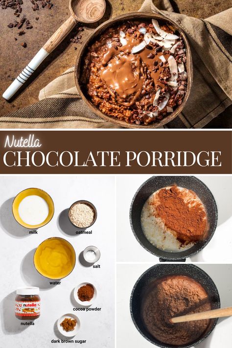 Chocolate porridge in a bowl, topped with Nutella. Recipe With Nutella, Quick Egg Recipes, Morning Porridge, Banana Porridge, Chocolate Porridge, Sliced Banana, Porridge Recipes, Nutella Recipes, 300 Calories