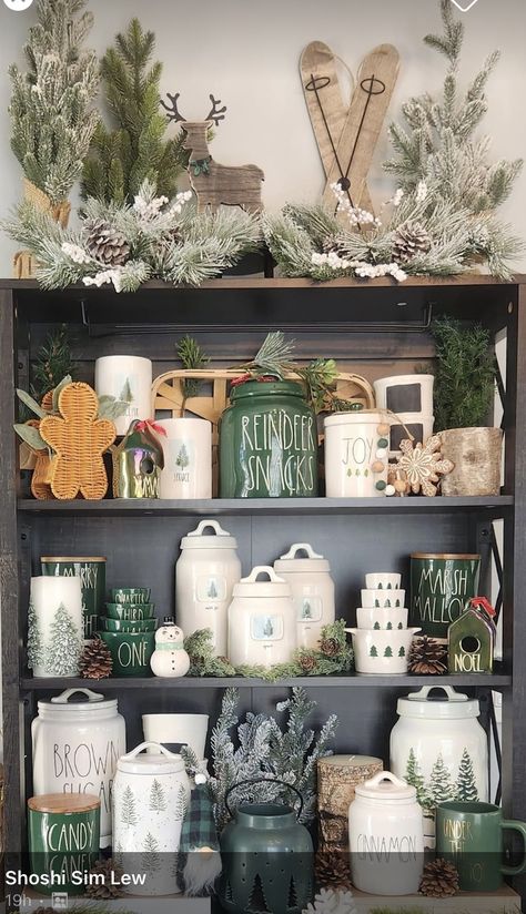 Rae Dunn Christmas Display, Rae Dunn Display, Christmas Shelf, Rae Dunn Christmas, Christmas Displays, Christmas Dining Table, Rae Dunn Collection, Shop Fronts, Xmas Ideas