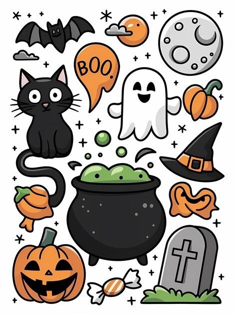 Halloween Ideas Drawings, Halloween Doodle Ideas, Doodle Art Halloween, Cool Halloween Drawings, Printable Halloween Images, Cute Halloween Doodles, October Clipart, Halloween Draw, Dibujos Halloween