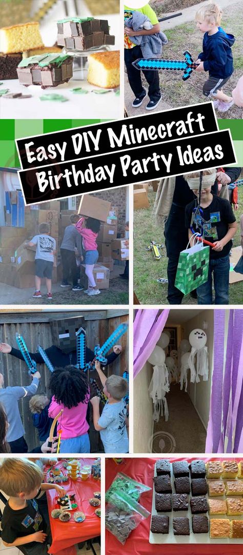 Easy Inexpensive DIY Minecraft Birthday Party Ideas Minecraft Party Game Ideas, Minecraft Birthday Party Ideas Diy, Minecraft Birthday Party Ideas Games, Minecraft Party Games Activities, Minecraft Party Ideas Games, Minecraft Birthday Activities, Minecraft Birthday Games, Minecraft Games For Birthday Parties, Diy Minecraft Party Games