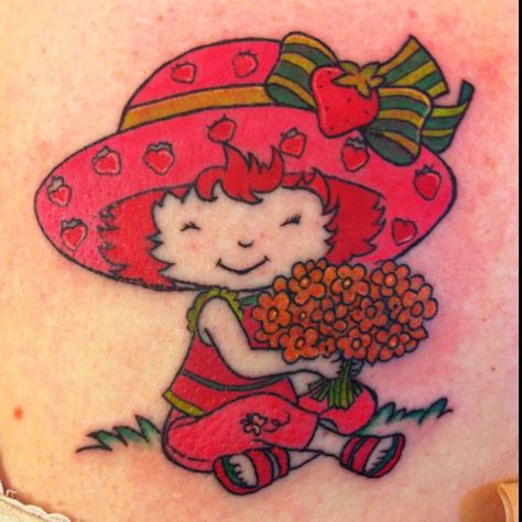 Childlike Tattoos, Strawberry Shortcake Tattoos, Strawberry Shortcake Tattoo Ideas, Childhood Tattoo Ideas, Childhood Tattoos, Strawberry Shortcake Tattoo, Tattoos That Mean Something, Tattoos Creative, Strawberry Tattoo